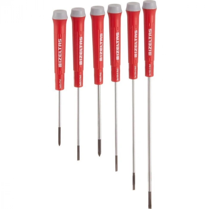 İzeltaş 4500008106 Elektronikçi Tip Klemens Tornavidalar, 6lı, Krom Vanadyum Çelik, Kırmızı