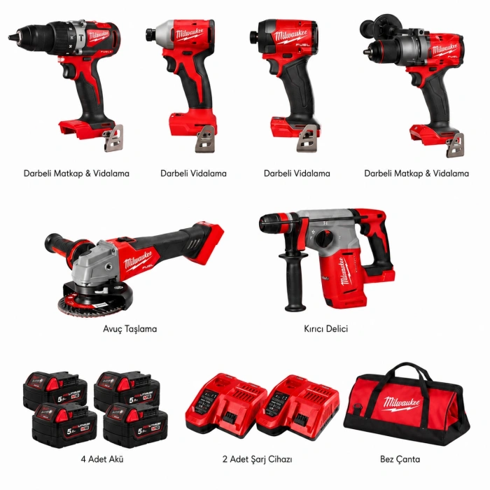 Milwaukee M18 6’lı Akülü Set 4x5.0Ah Akü 2 Şarj Cihazı ve Bez Çanta