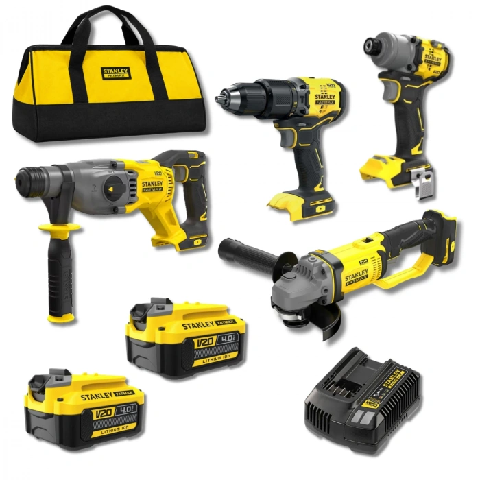 Stanley FatMax SFMCK421TH V20 4’lü Akülü Makine Seti – Darbeli Matkap, Kırıcı Delici, Darbeli Vidalama ve Avuç Taşlama – 2x4Ah Akü ve Çantalı