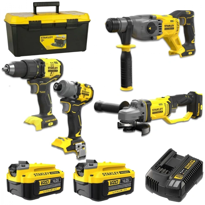 Stanley Fatmax V20 4’lü Set (Darbeli Matkap + Torklu Vidalama + Taşlama + Kırıcı Delici) 2x4.0Ah Akü & Şarj Cihazı