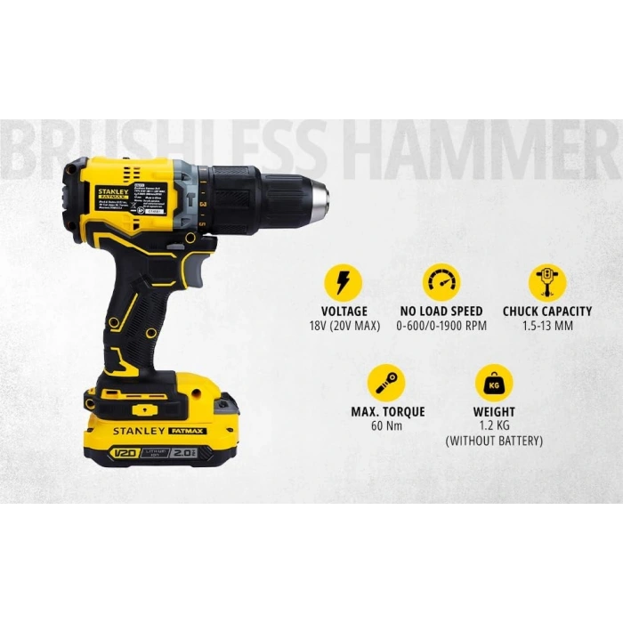 Stanley SBD715D2K Şarjlı Kömürsüz Darbeli Matkap 18V 2.0 Ah