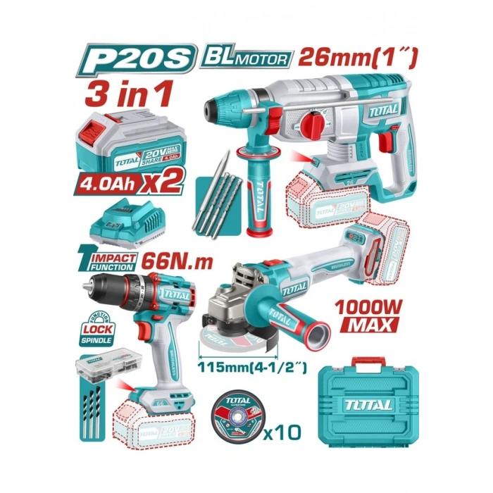 TOTAL Avantaj Set TOSLI241198E | Darbeli Matkap + Kırıcı Delici + Avuç Taşlama | Profesyonel 3’lü Set