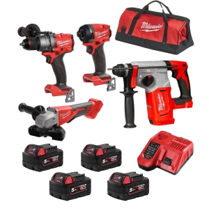 Milwaukee M18 FUEL GEN3 Set (FID3 Darbeli Vidalama + BLH-0 Kırıcı Delici + BLSAG125XPD Avuç Taşlama + M18 4 Ad 5Ah Akü + Hızlı Şarj) Profesyonel 4’lü Set