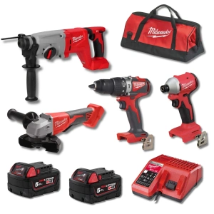 Milwaukee M18 18V Kömürsüz 4’lü Akülü Makine Seti – Darbeli Matkap, Darbeli Vidalama, 125 mm Taşlama ve 26 mm Kırıcı Delici – 2×5.0 Ah Akü