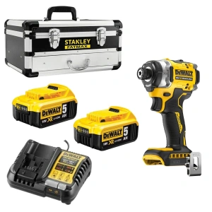 DeWALT 18V XR Brushless Darbeli Vidalama Seti + 2x 5Ah Akü + Şarj Cihazı + Stanley FatMax Metal Çanta