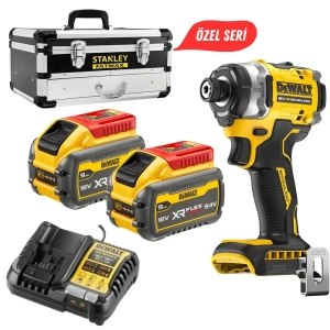 DeWALT 18V XR Brushless Darbeli Vidalama Seti + 2x 9Ah FLEXVOLT Akü + Şarj Cihazı + Stanley Metal Çanta (Özel Seri)