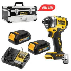 DeWALT 18V XR Brushless Darbeli Vidalama Seti + 2x POWERSTACK Akü + Şarj Cihazı + Stanley Metal Çanta (Özel Seri)