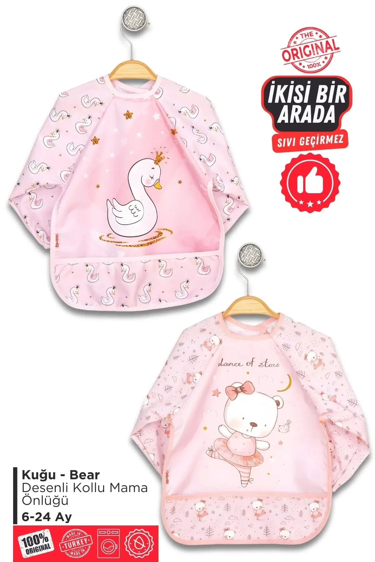 Giyilebilir Kollu Sıvı Geçirmez Mama ve Aktivite Önlüğü 6-24 Ay - Kuğu-Bear