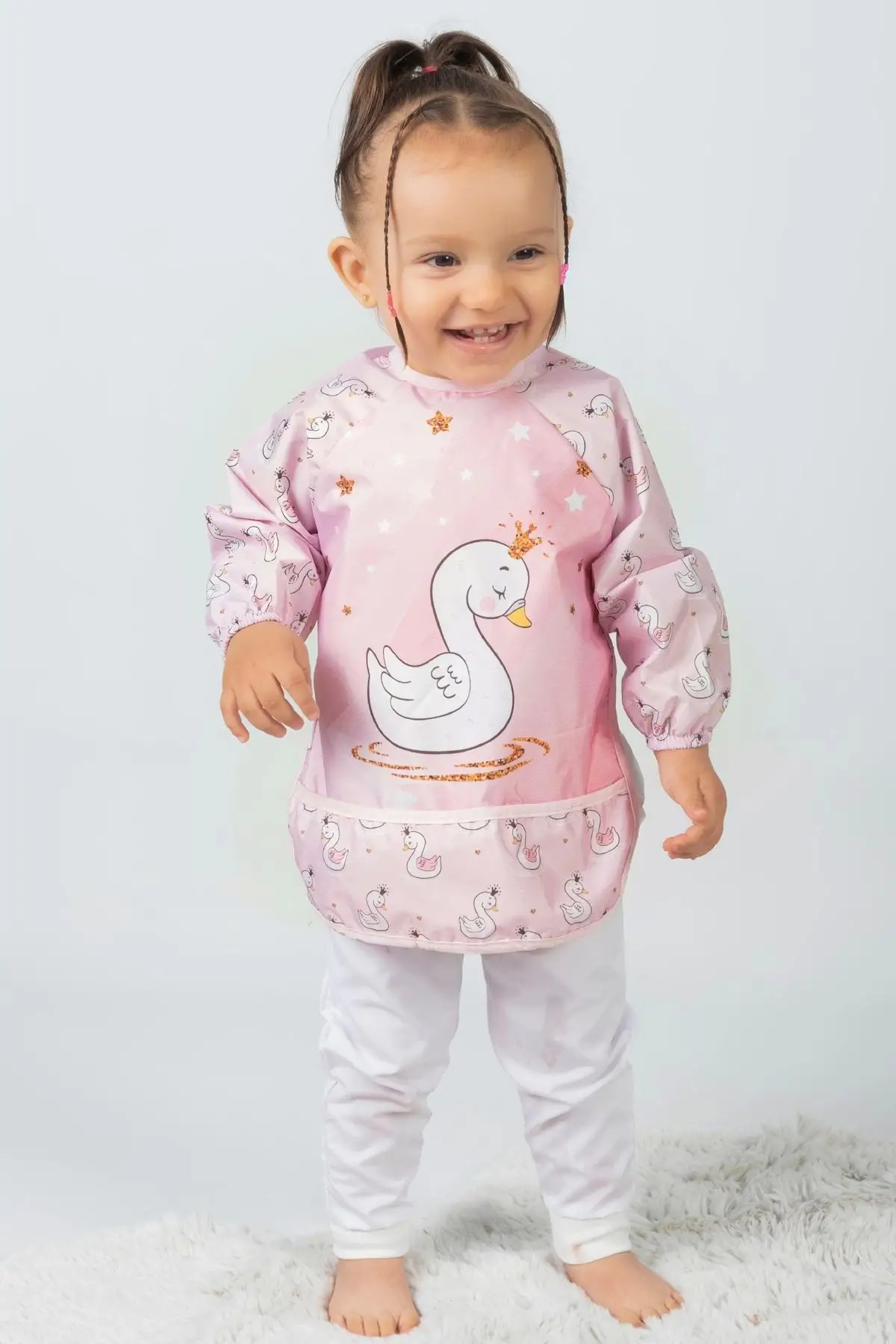 Giyilebilir Kollu Sıvı Geçirmez Mama ve Aktivite Önlüğü 6-24 Ay - Kuğu-Bear