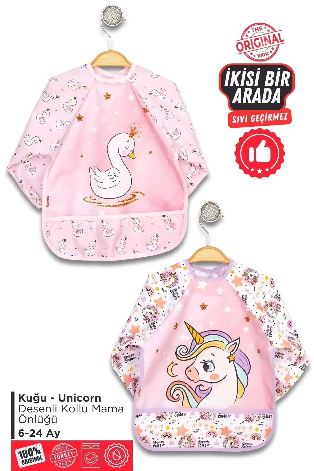 Giyilebilir Kollu Sıvı Geçirmez Mama ve Aktivite Önlüğü 6-24 Ay - Kuğu-Unicorn