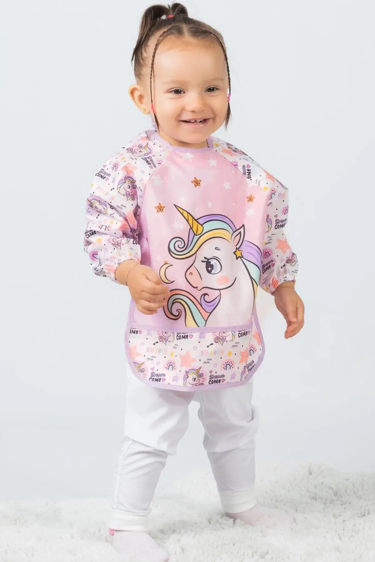 Giyilebilir Kollu Sıvı Geçirmez Mama ve Aktivite Önlüğü 6-24 Ay - Kuğu-Unicorn