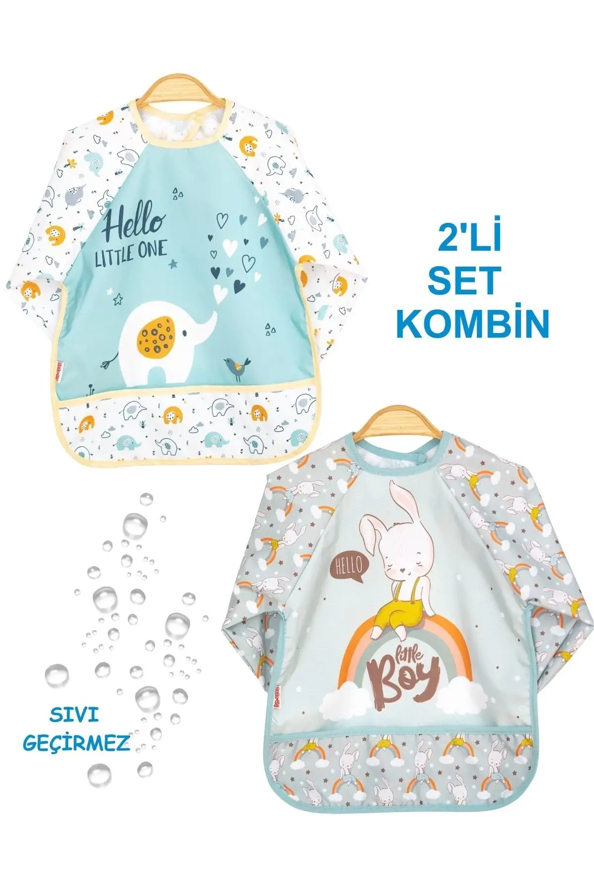 2 Adet Set Kombin Tavşan-fil 0-3 Yaş Sıvı Geçirmez Bebek Mama Önlüğü