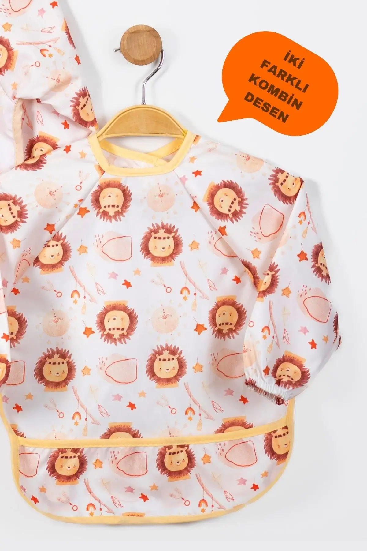 Lion Desenli 2li Uzun Kollu Giyilebilir Sıvı Geçirmez Aktivite ve Mama Önlüğü 6-24 Ay
