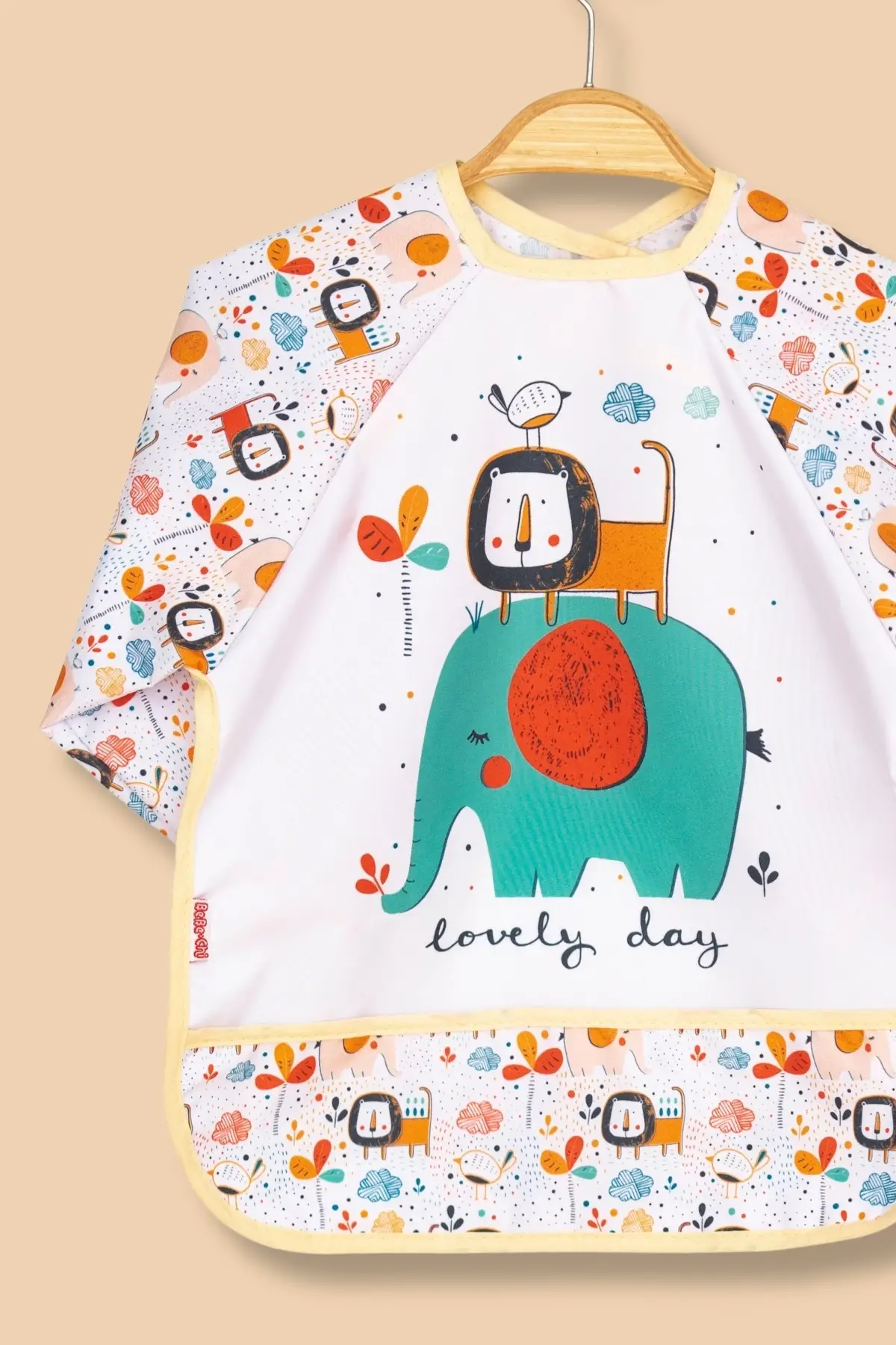 2Li Uzun Kollu Giyilebilir Sevimli Fil-Aslan Desen Sıvı Geçirmez Aktivite ve Mama Önlüğü 6-24 AY