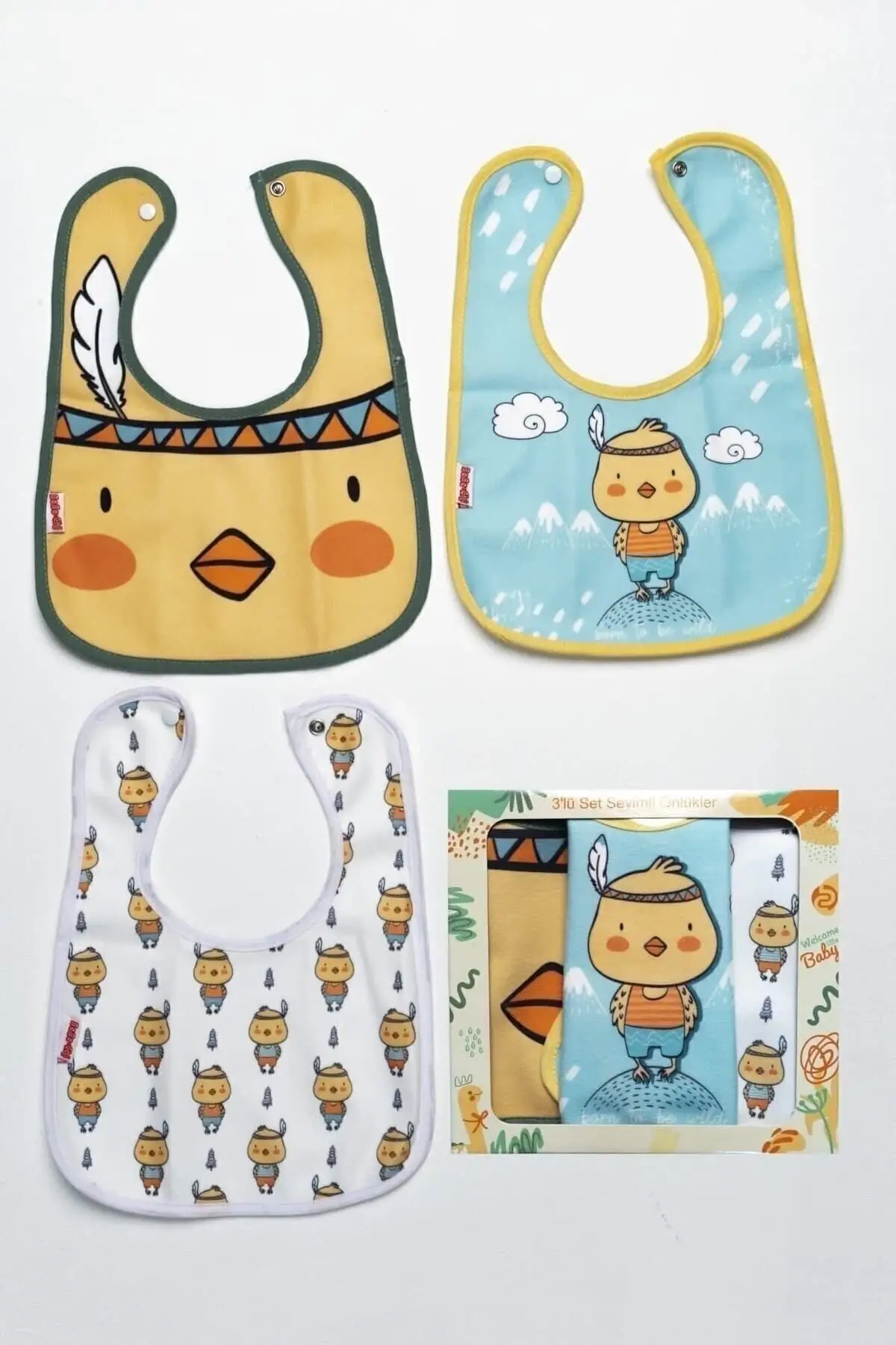 Civciv Desenli Sıvı Geçirmez 3lü Mama ve Salya Önlüğü 0-18 Ay