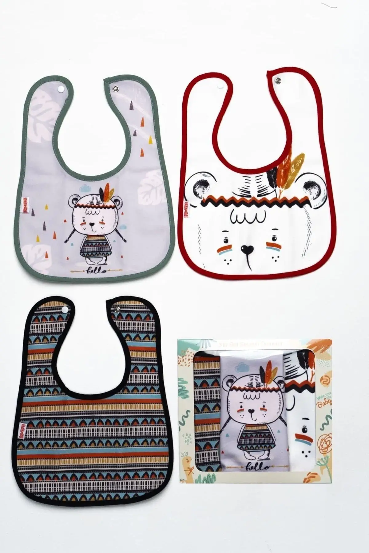 Apaçhi Desenli Sıvı Geçirmez 3lü Mama ve Salya Önlüğü 0-18 Ay