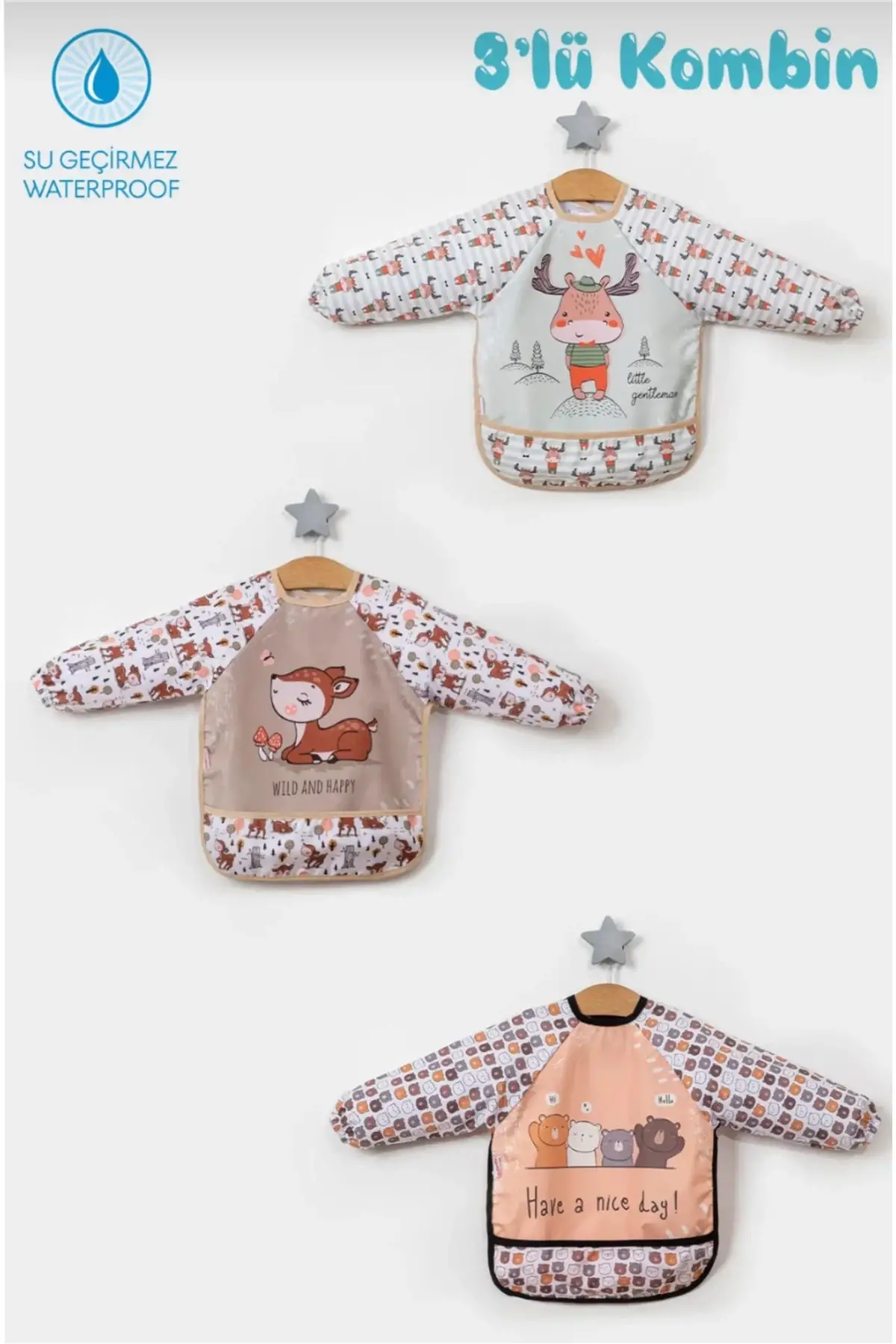 3lü Kombin Uzun Kollu Giyilebilir Sıvı Geçirmez Mama Önlüğü