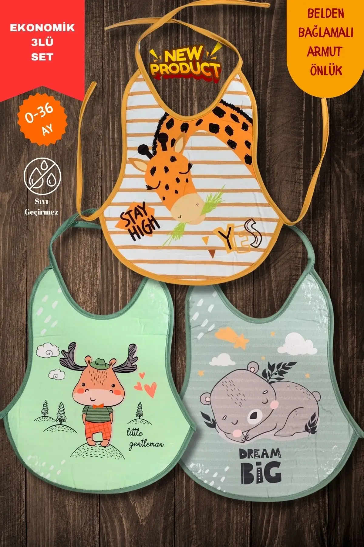 3Lü Set Baskılı Ekonomik Sıvı Geçirmez Armut Önlük Mama ve Aktivite Önlüğü(0-36 Ay)