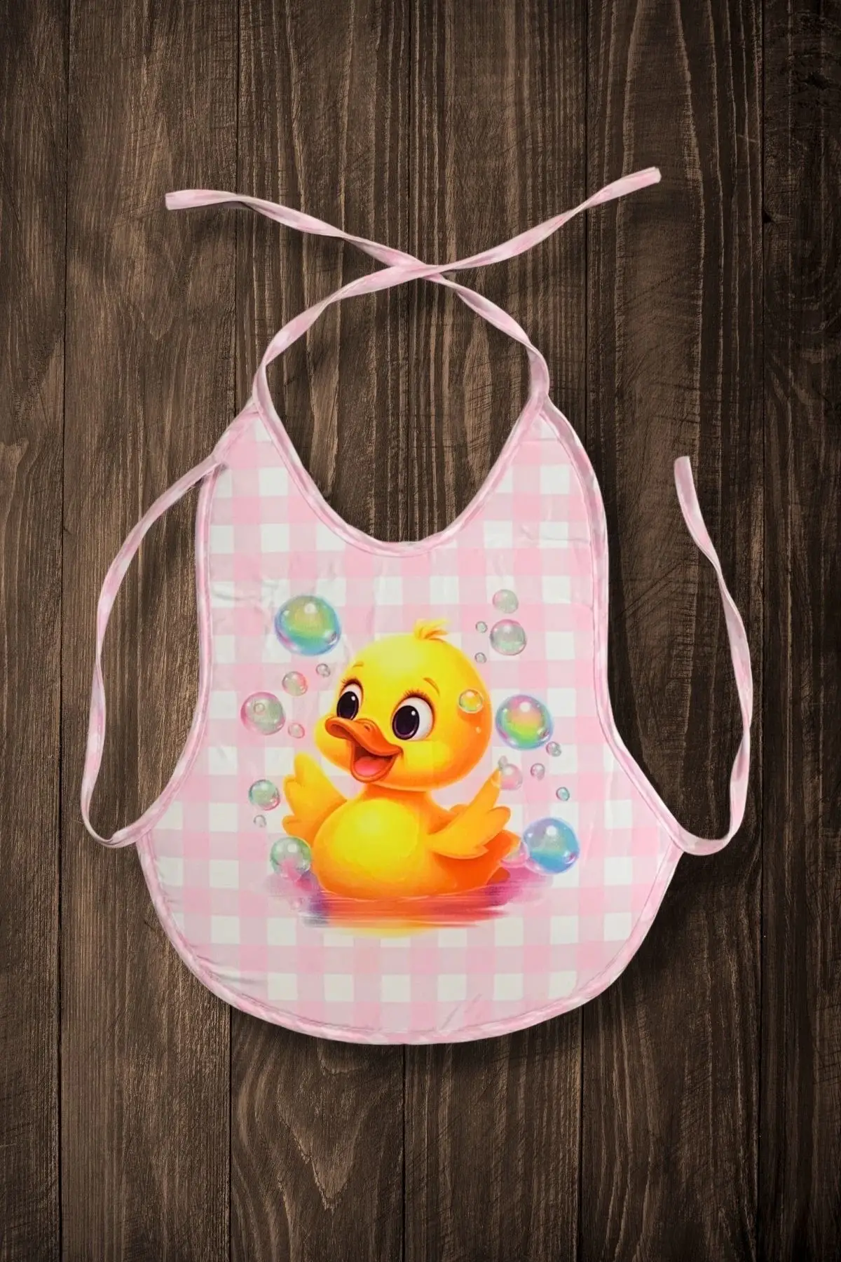 3Lü Set Pembe Ekose Baskılı Ekonomik Sıvı Geçirmez Armut Önlük Mama ve Aktivite Önlüğü (0-18 Ay)