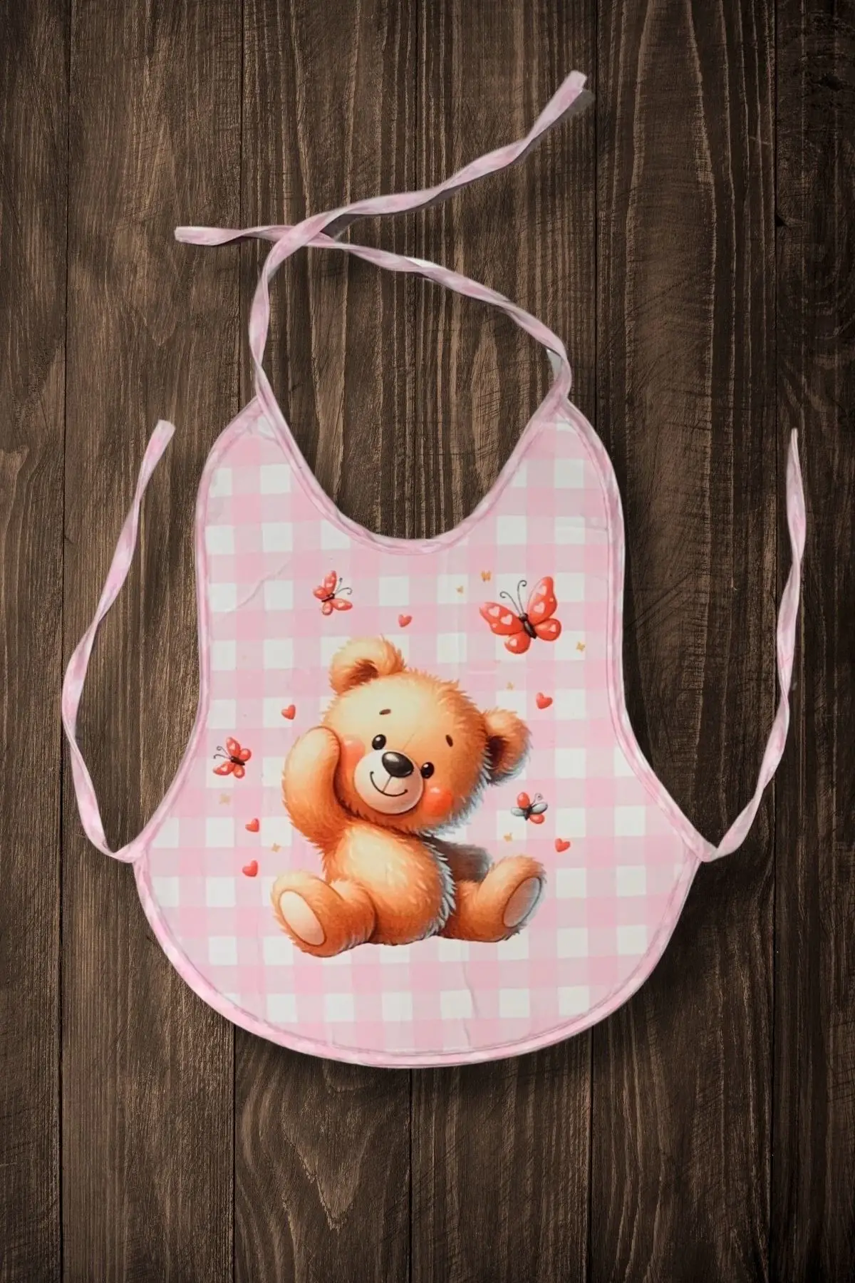 3Lü Set Pembe Ekose Baskılı Ekonomik Sıvı Geçirmez Armut Önlük Mama ve Aktivite Önlüğü (0-18 Ay)