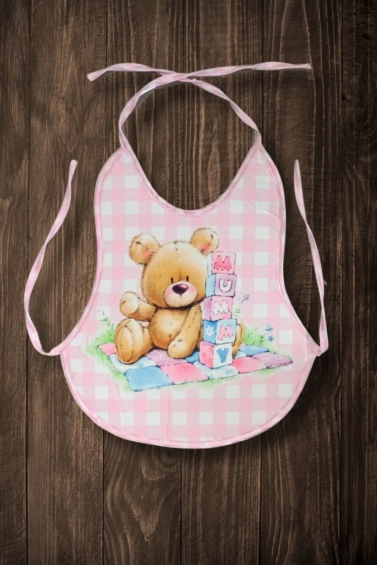 3Lü Set Pembe Ekose Baskılı Ekonomik Sıvı Geçirmez Armut Önlük Mama ve Aktivite Önlüğü (0-18 Ay)