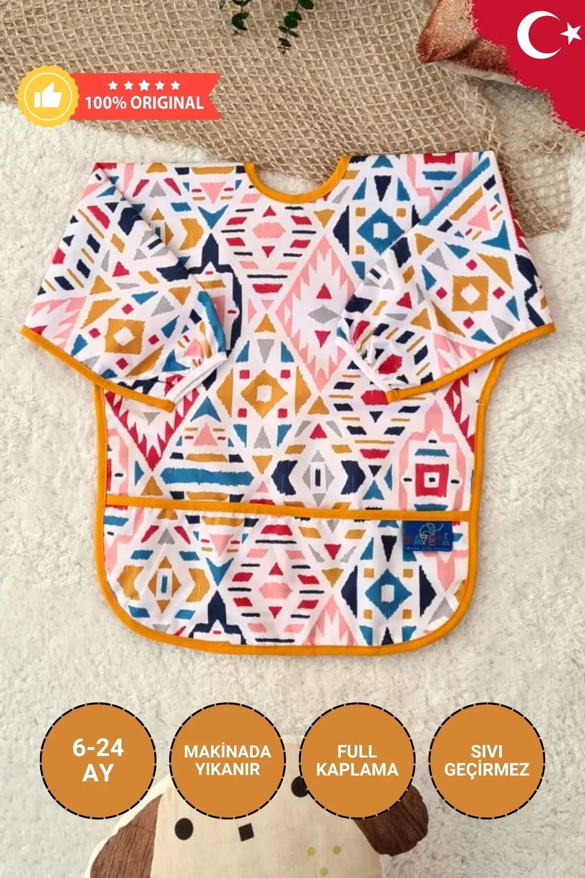 Anatolia Desenli Sıvı Geçirmez Unisex Aktivite ve Mama Önlüğü 6-24 Ay