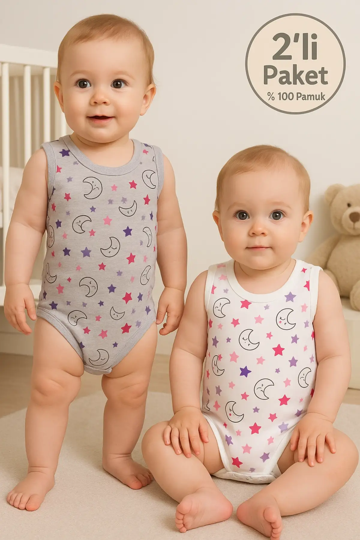Ayyıldız Desenli 2li Paket % 100 Pamuk Kız Bebek Askılı Body Seti
