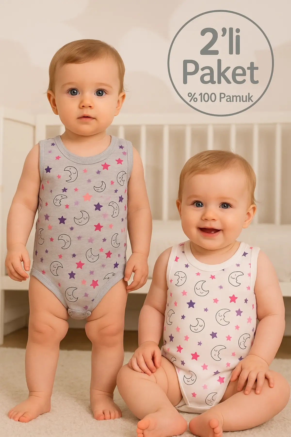 Ayyıldız Desenli 2li Paket % 100 Pamuk Kız Bebek Askılı Body Seti