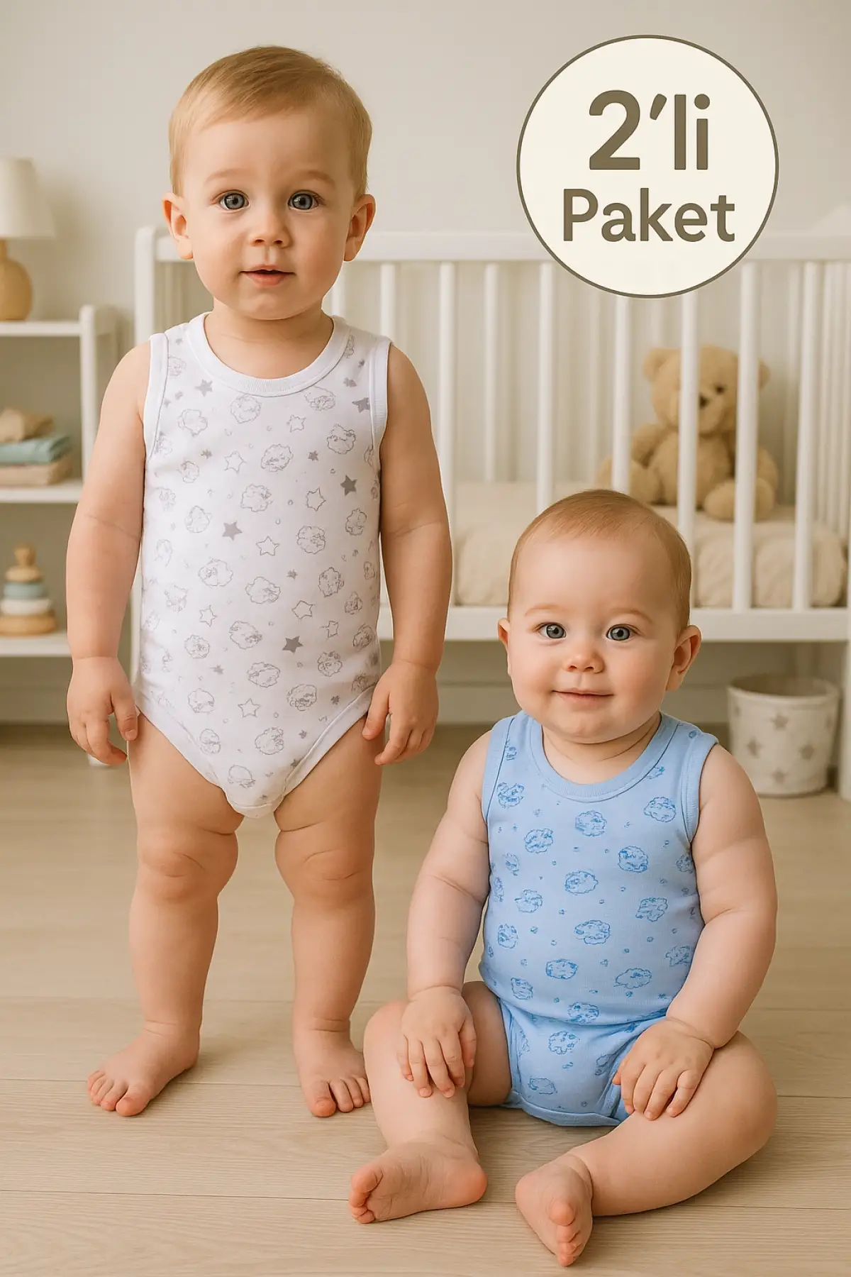 Bear Desenli 2li Paket % 100 Pamuk Erkek Bebek Askılı Body Seti