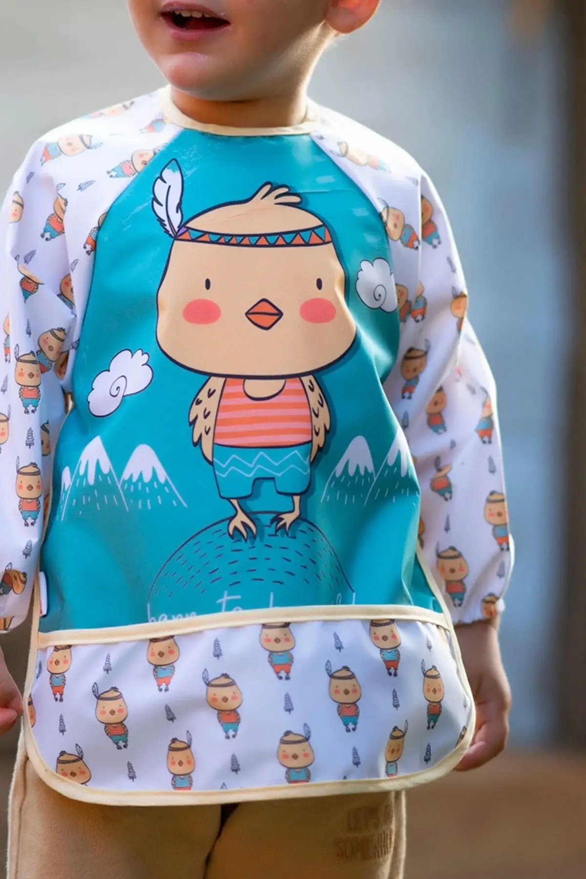 Civciv Desenli Sıvı Geçirmez Uzun Kollu Unisex Bebek Mama ve Aktivite Önlüğü 6-24 Ay