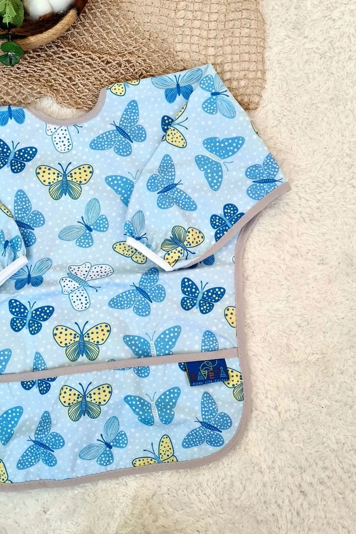 Butterfly Desenli Sıvı Geçirmez Unisex Aktivite ve Mama Önlüğü 6-24 Ay