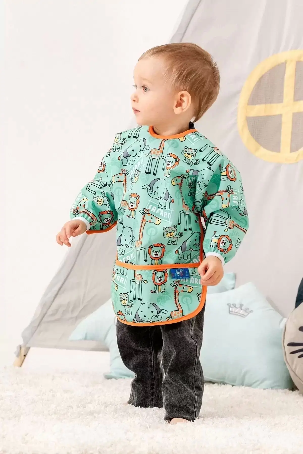 Safari Desenli Sıvı Geçirmez Uzun Kol Aktivite Ve Önlüğü 6-24 Ay