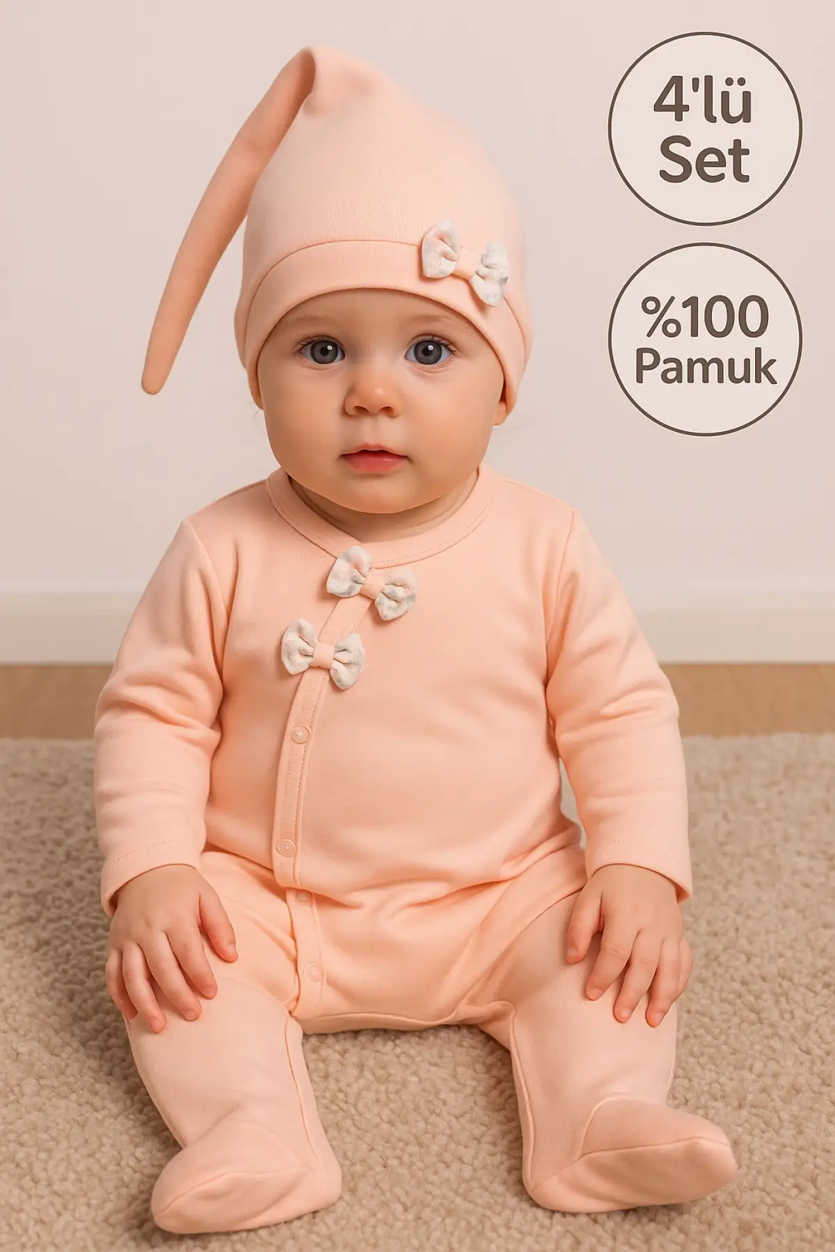 Çiçek Desenli % 100 Pamuk Kız Bebek 4lü Tulum Takımı