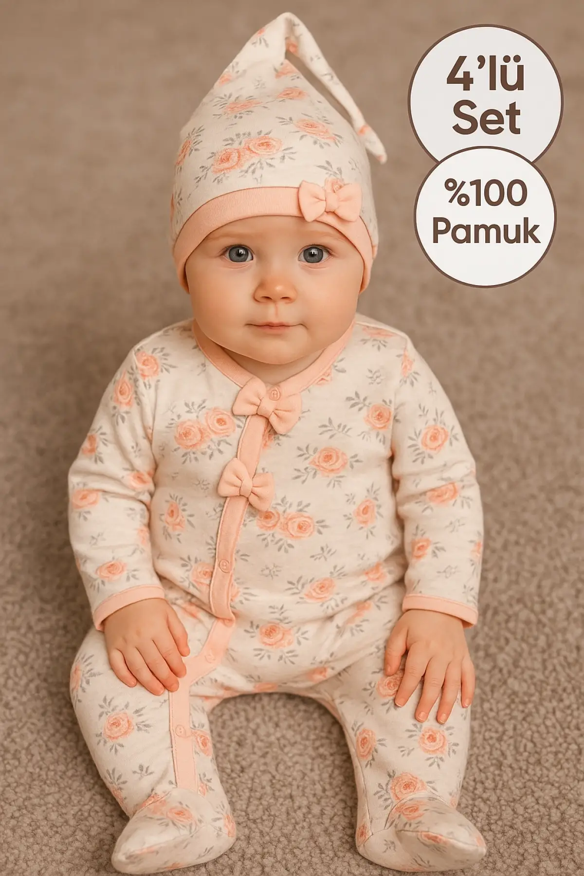 Çiçek Desenli % 100 Pamuk Kız Bebek 4lü Tulum Takımı