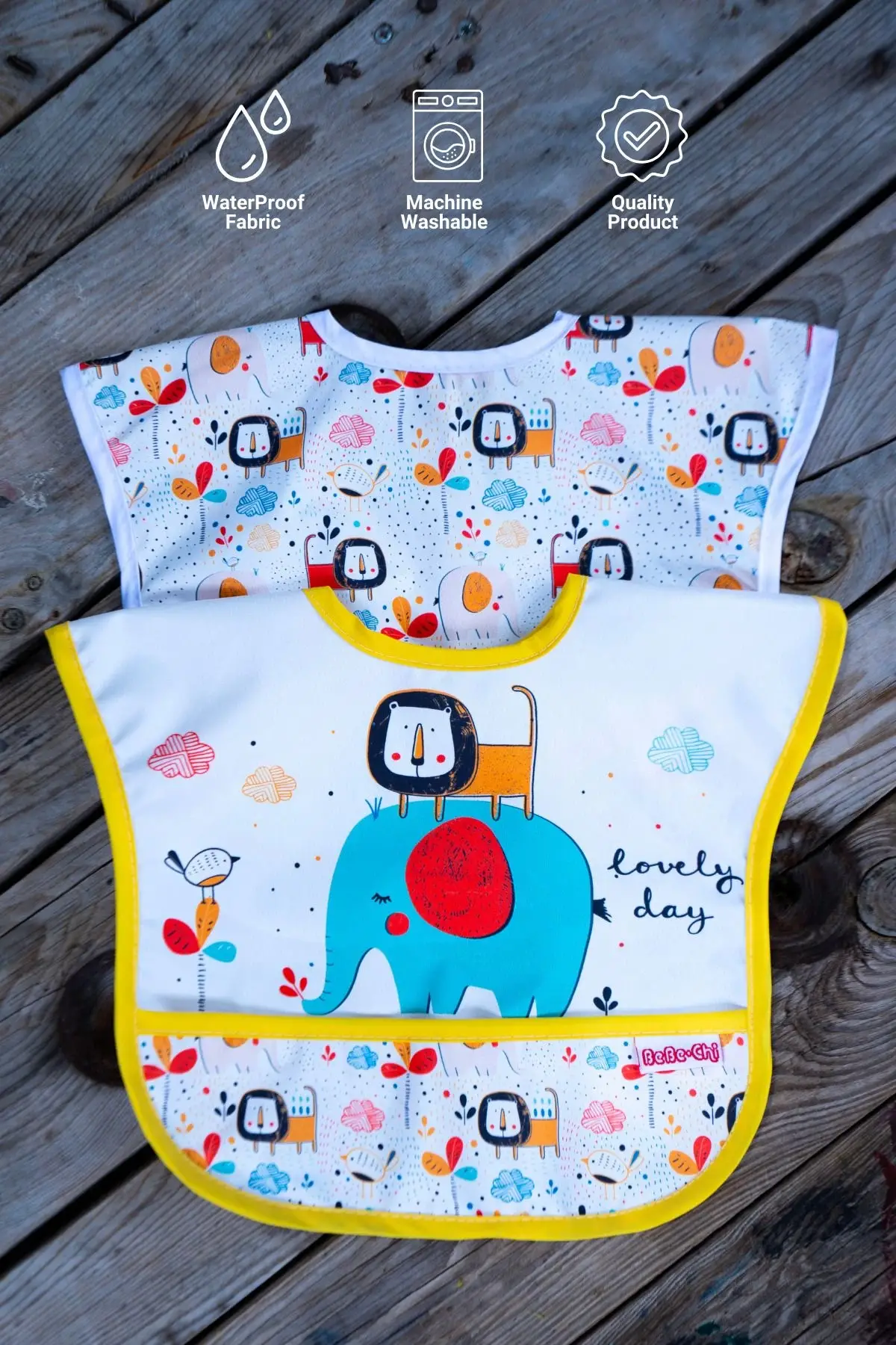 Classic Safari Desenli 2li Sıvı Geçirmez Kolsuz Bebek Mama Önlüğü 0-12 Ay