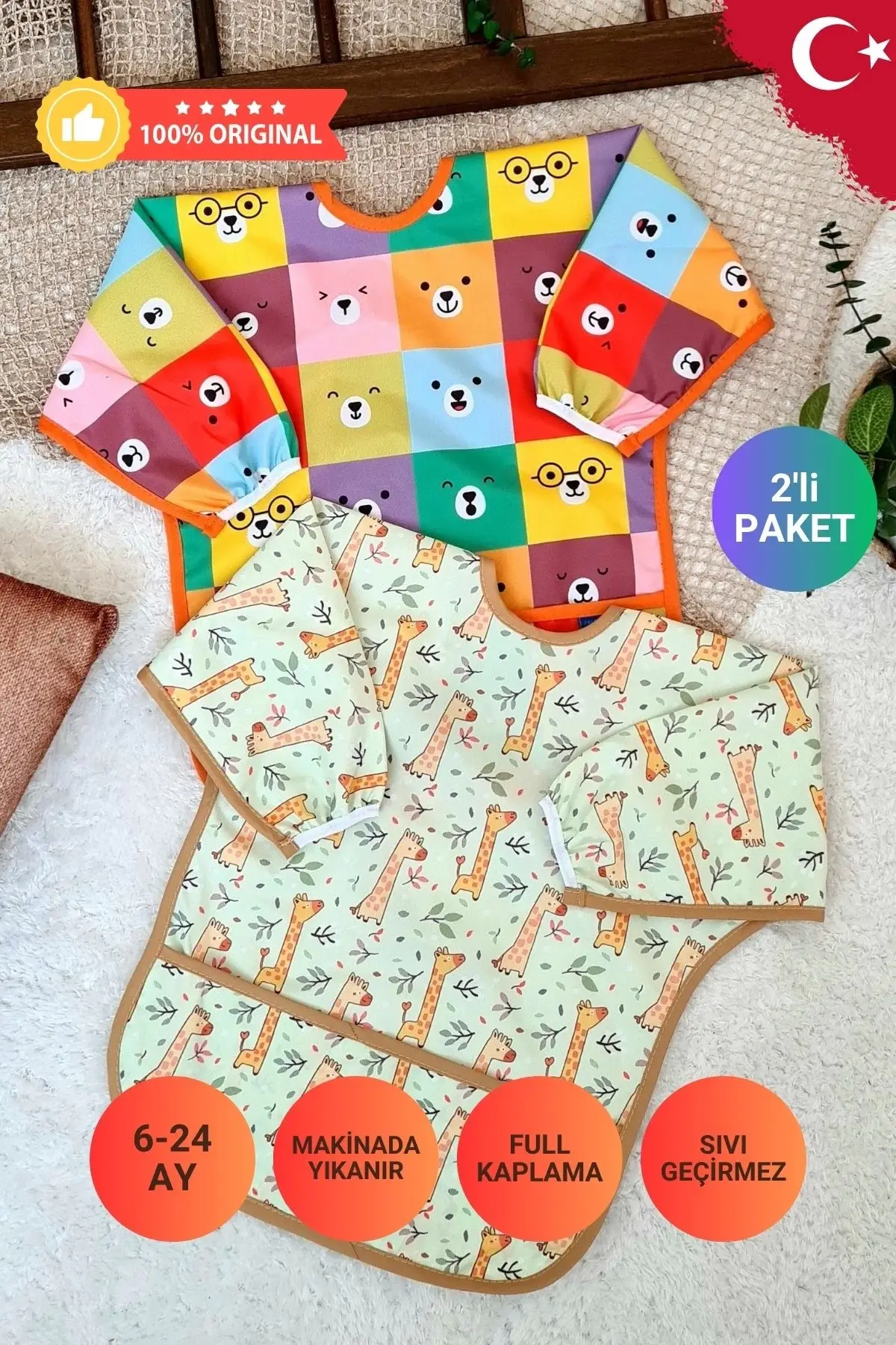 COLOUR ve FOREST Desenli 2li Paket Sıvı Geçirmez Unisex Aktivite ve Mama Önlüğü 6-24 Ay