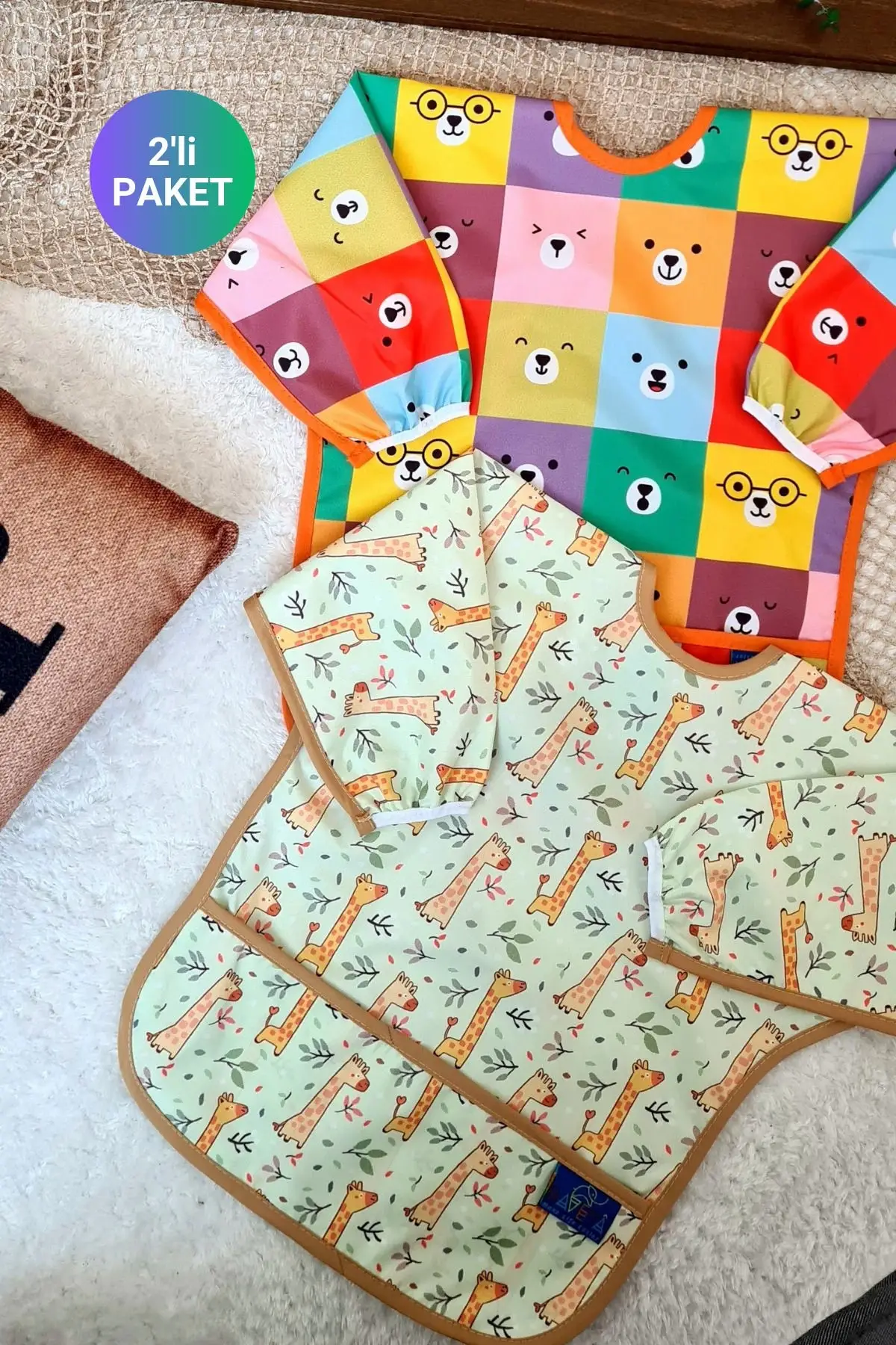 COLOUR ve FOREST Desenli 2li Paket Sıvı Geçirmez Unisex Aktivite ve Mama Önlüğü 6-24 Ay