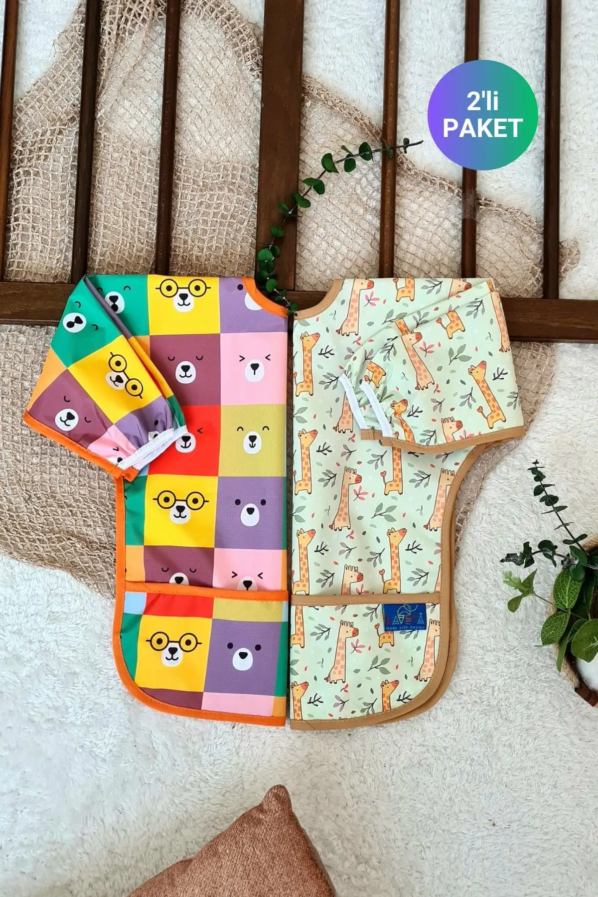 COLOUR ve FOREST Desenli 2li Paket Sıvı Geçirmez Unisex Aktivite ve Mama Önlüğü 6-24 Ay