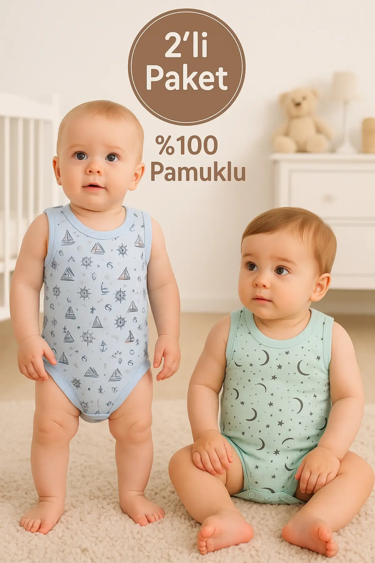 Deniz Yıldız Desenli 2li Paket % 100 Pamuk Erkek Bebek Askılı Body Seti