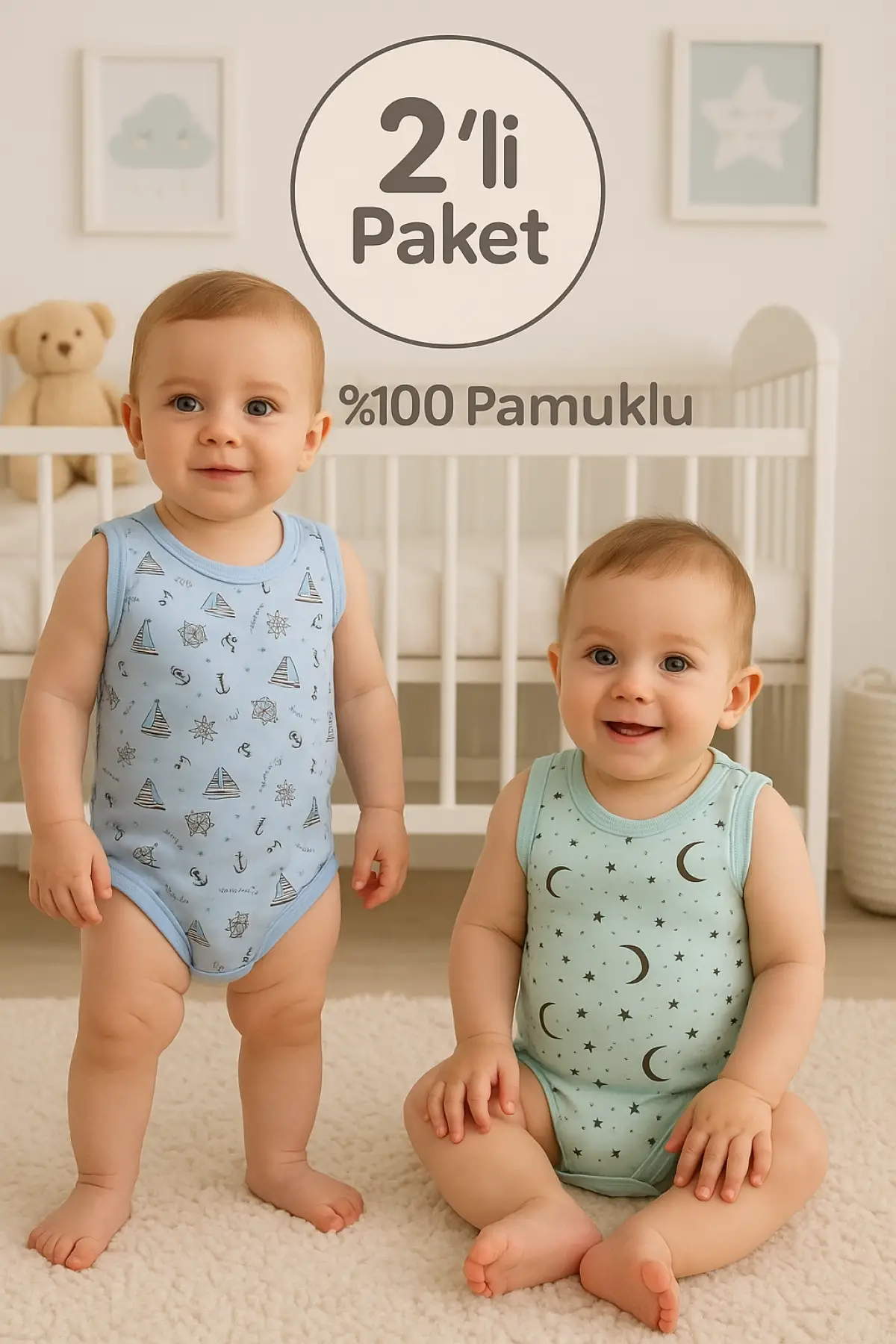 Deniz Yıldız Desenli 2li Paket % 100 Pamuk Erkek Bebek Askılı Body Seti