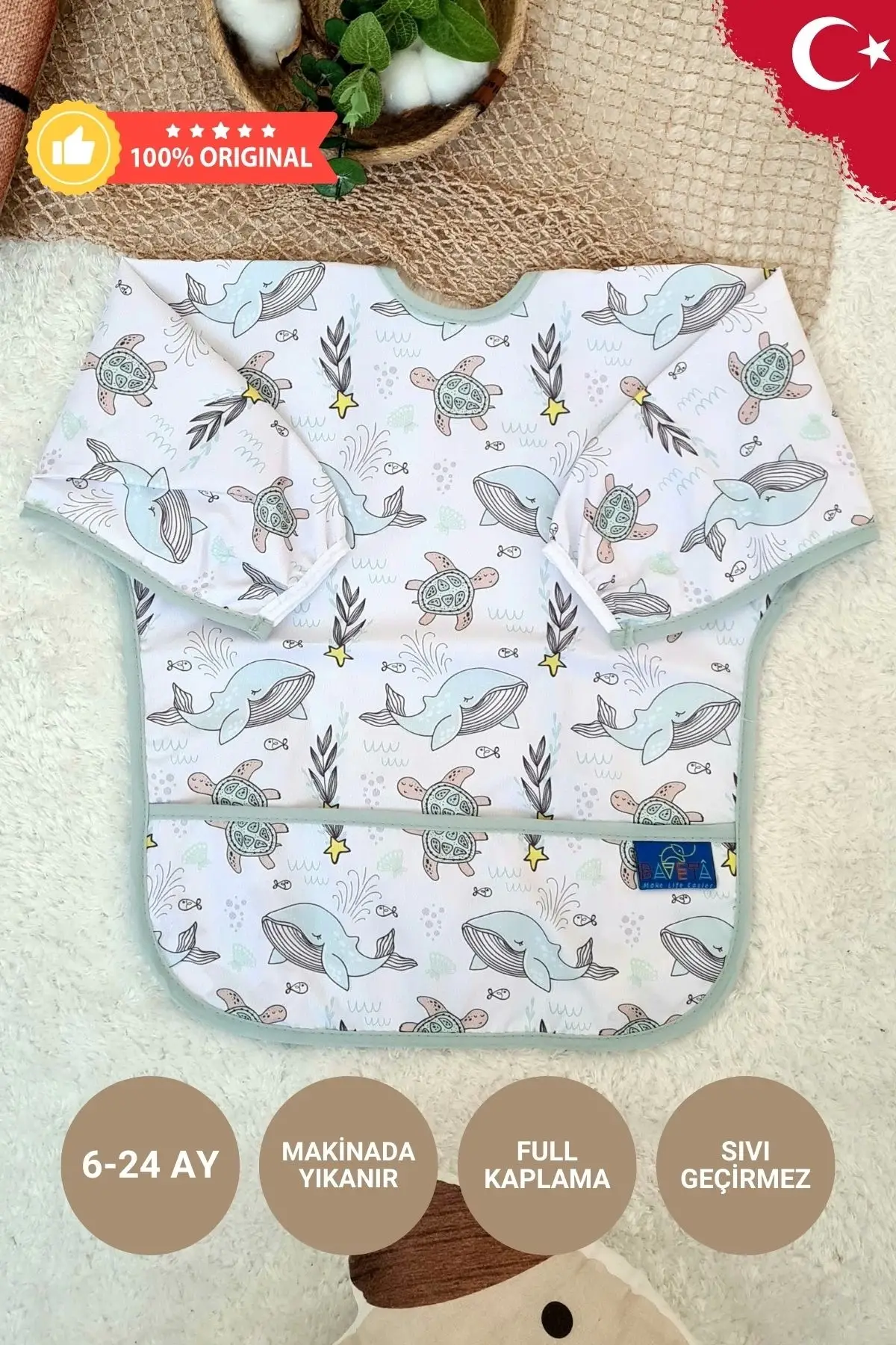 Dolphine Desenli Sıvı Geçirmez Unisex Aktivite Ve Mama Önlüğü 6-24 Ay