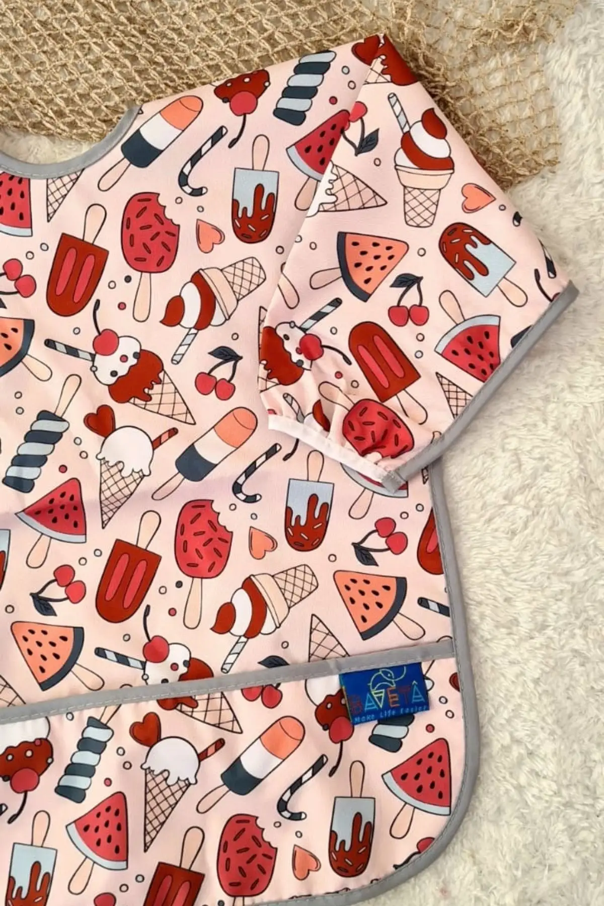 Dondurma Desenli Sıvı Geçirmez Unisex Aktivite ve Mama Önlüğü 6-24 Ay