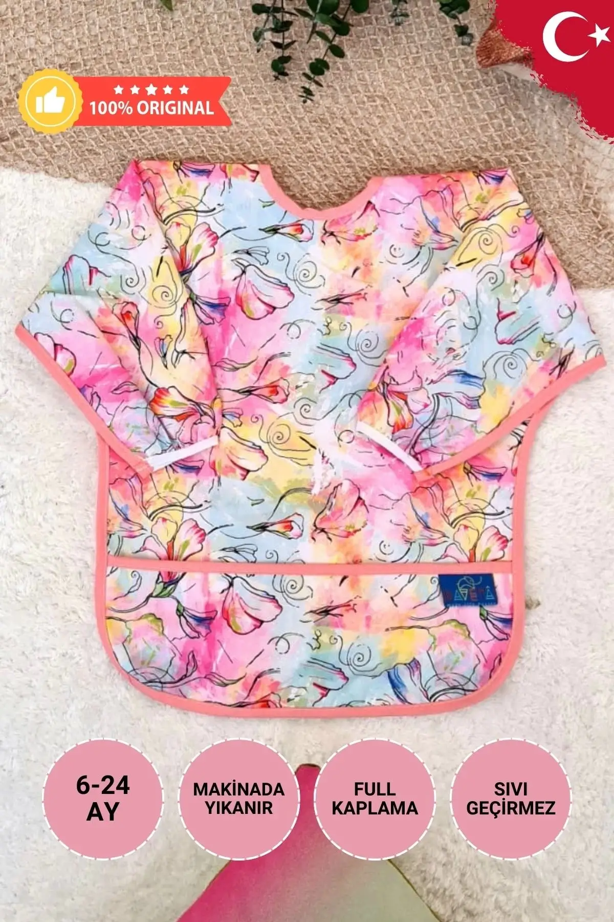 Ebru Desenli Sıvı Geçirmez Unisex Aktivite ve Mama Önlüğü 6-24 Ay