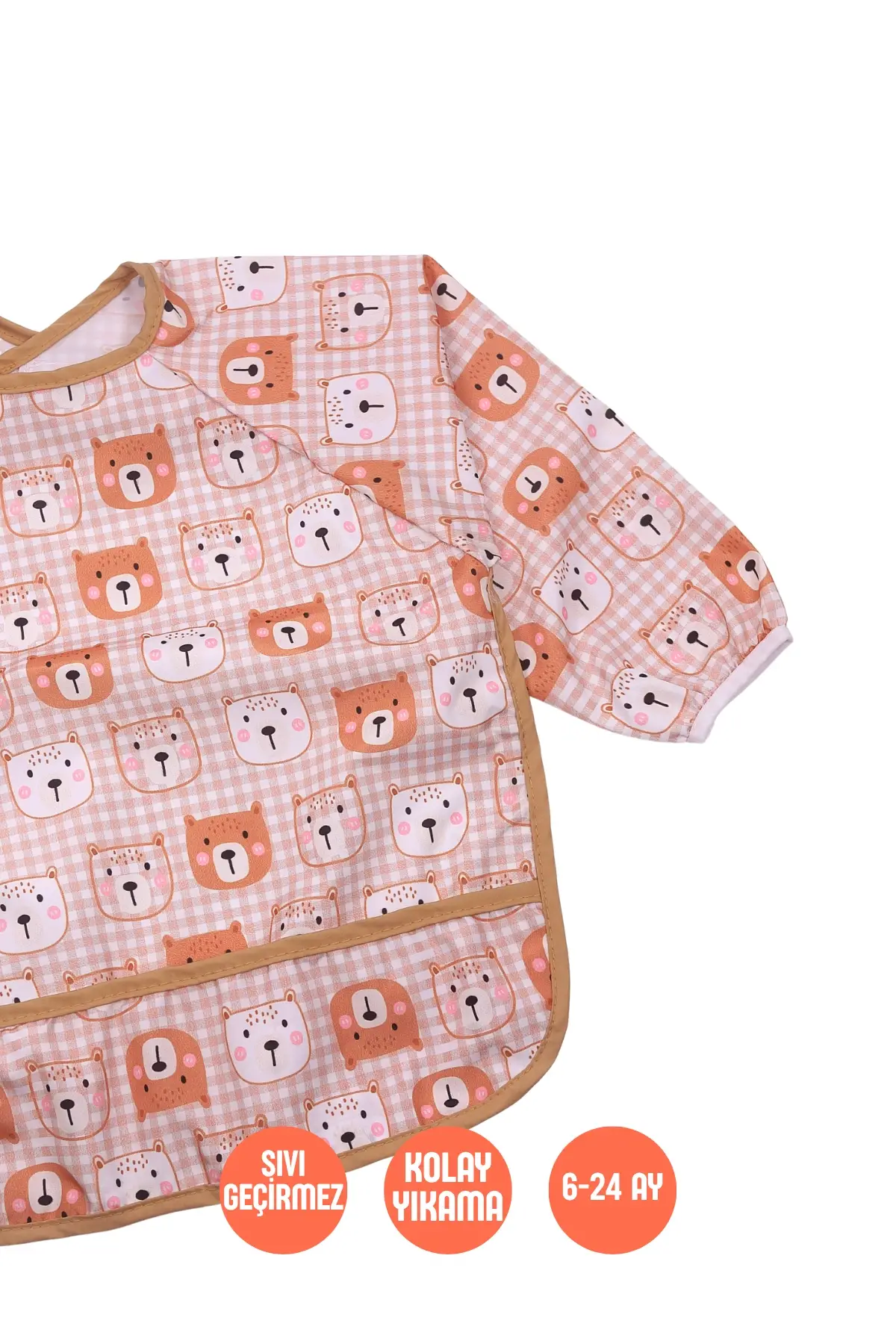 Ekose Bear Desenli Sıvı Geçirmez Mama ve Aktivite Önlüğü 6-24 Ay