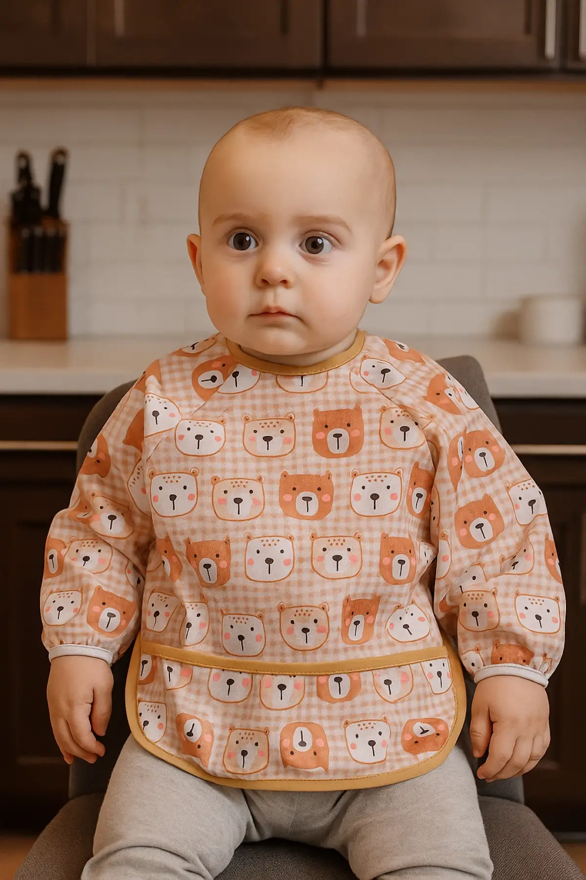 Ekose Bear Desenli Sıvı Geçirmez Mama ve Aktivite Önlüğü 6-24 Ay