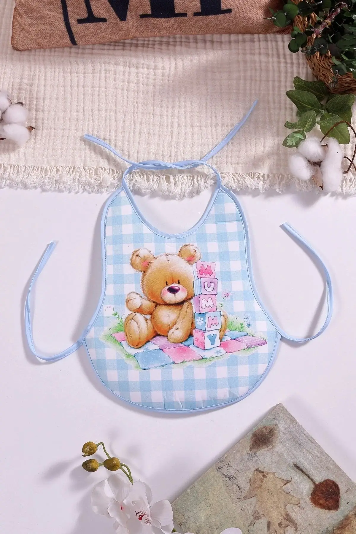 Ekose Mavi Bear Mummy Desenli Sıvı Geçirmez Armut Önlük