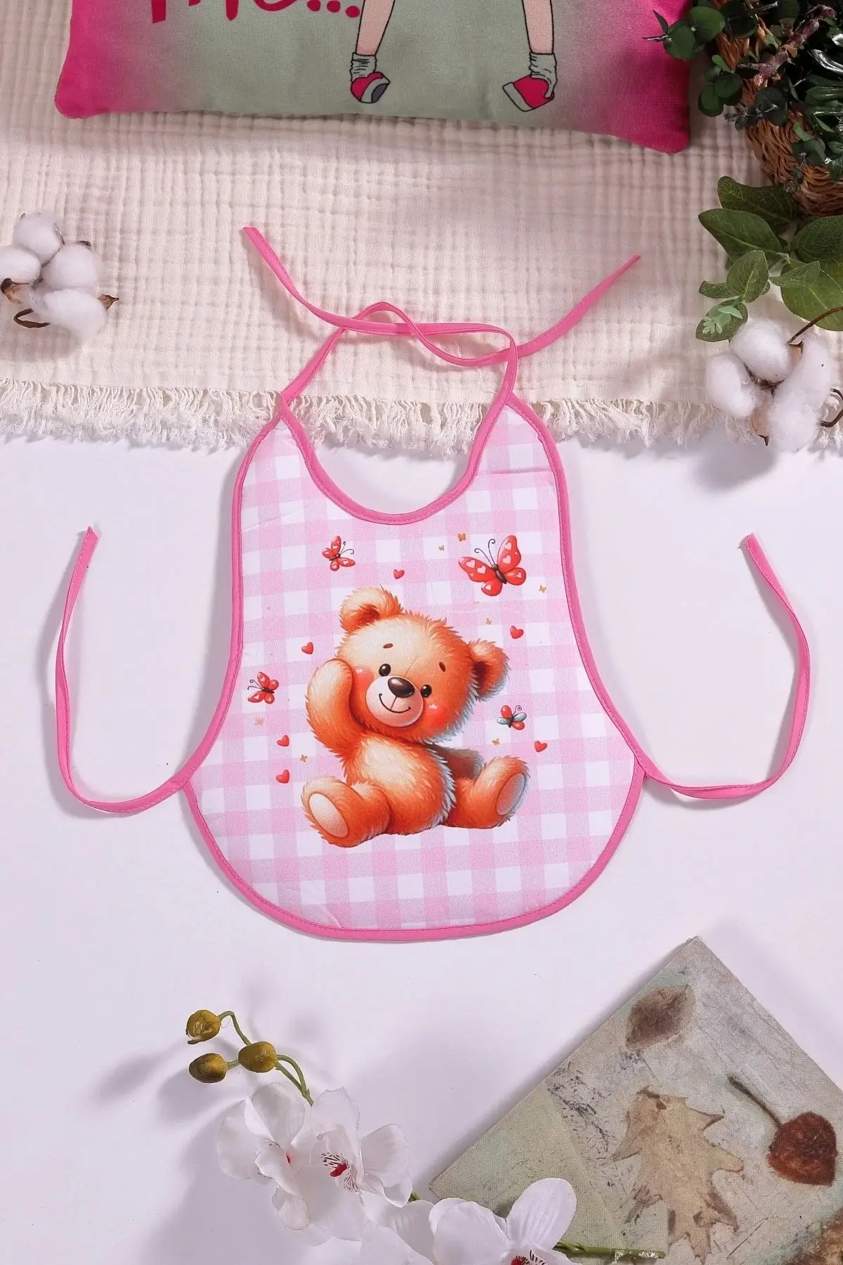 Ekose Pembe Bear Desenli Sıvı Geçirmez Armut Önlük