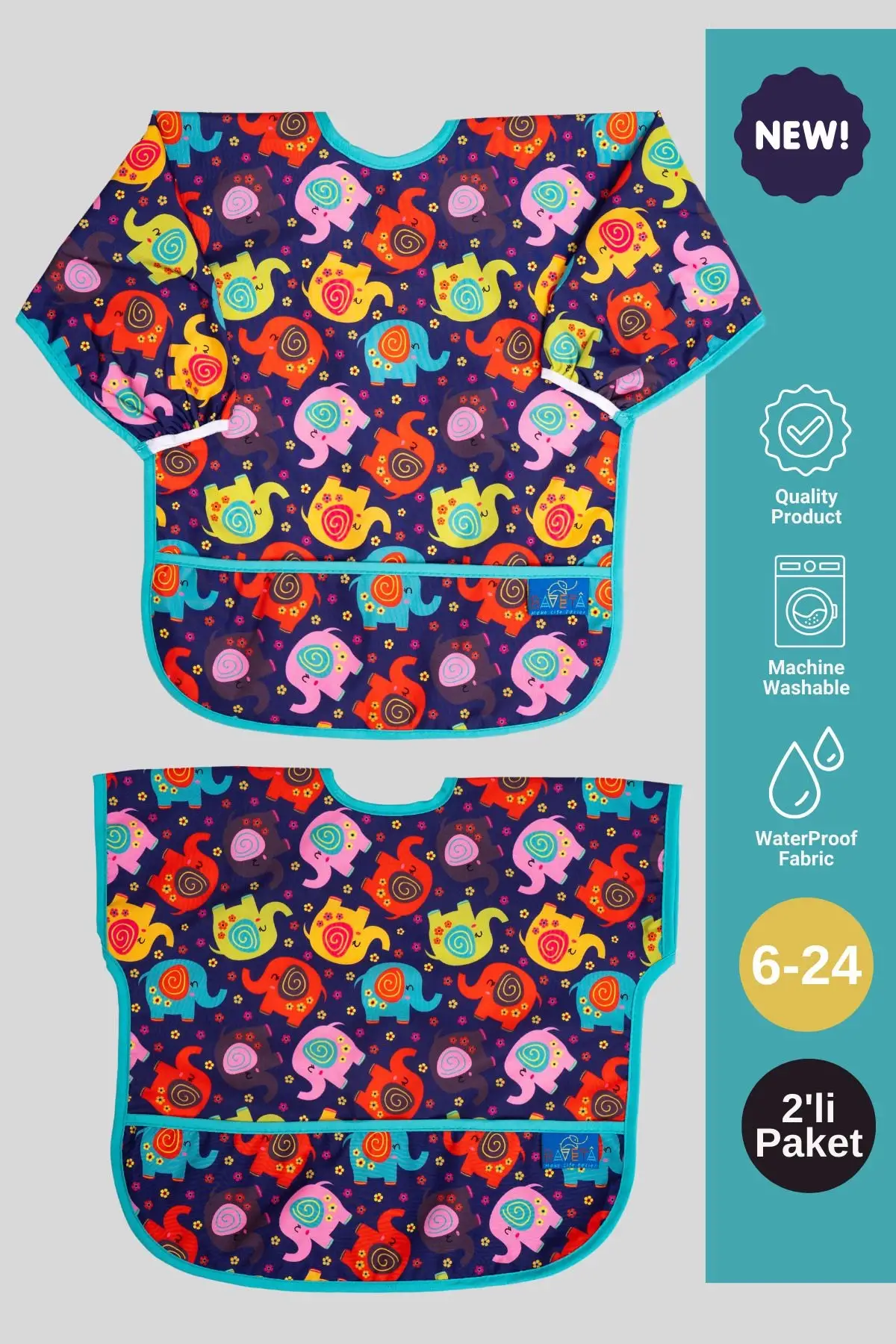 Elephant Uzun ve Kısa Kol Sıvı Geçirmez Mama ve Aktivite Önlüğü 6-24 Ay