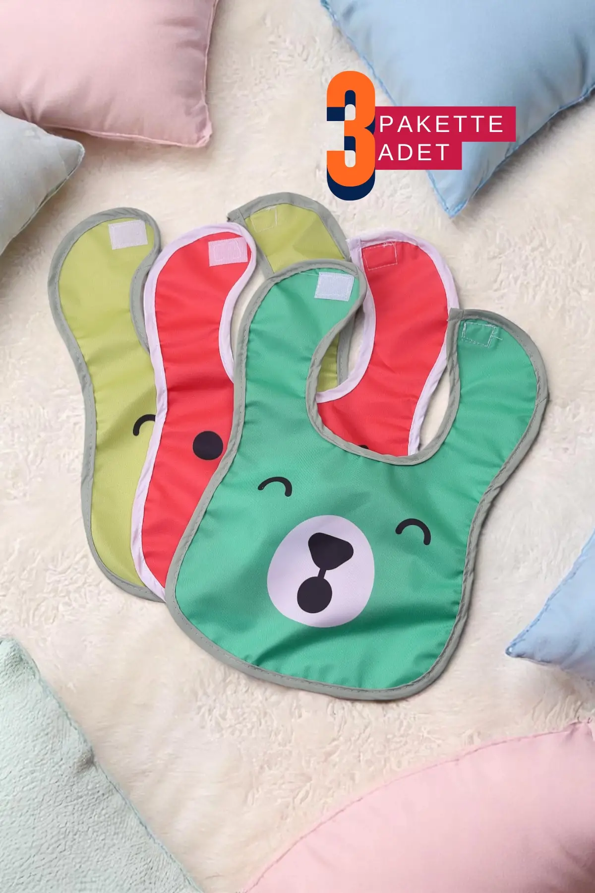 Emoji Desenli 3lü Bebek Mama ve Aktivite Önlüğü 0-12 Ay