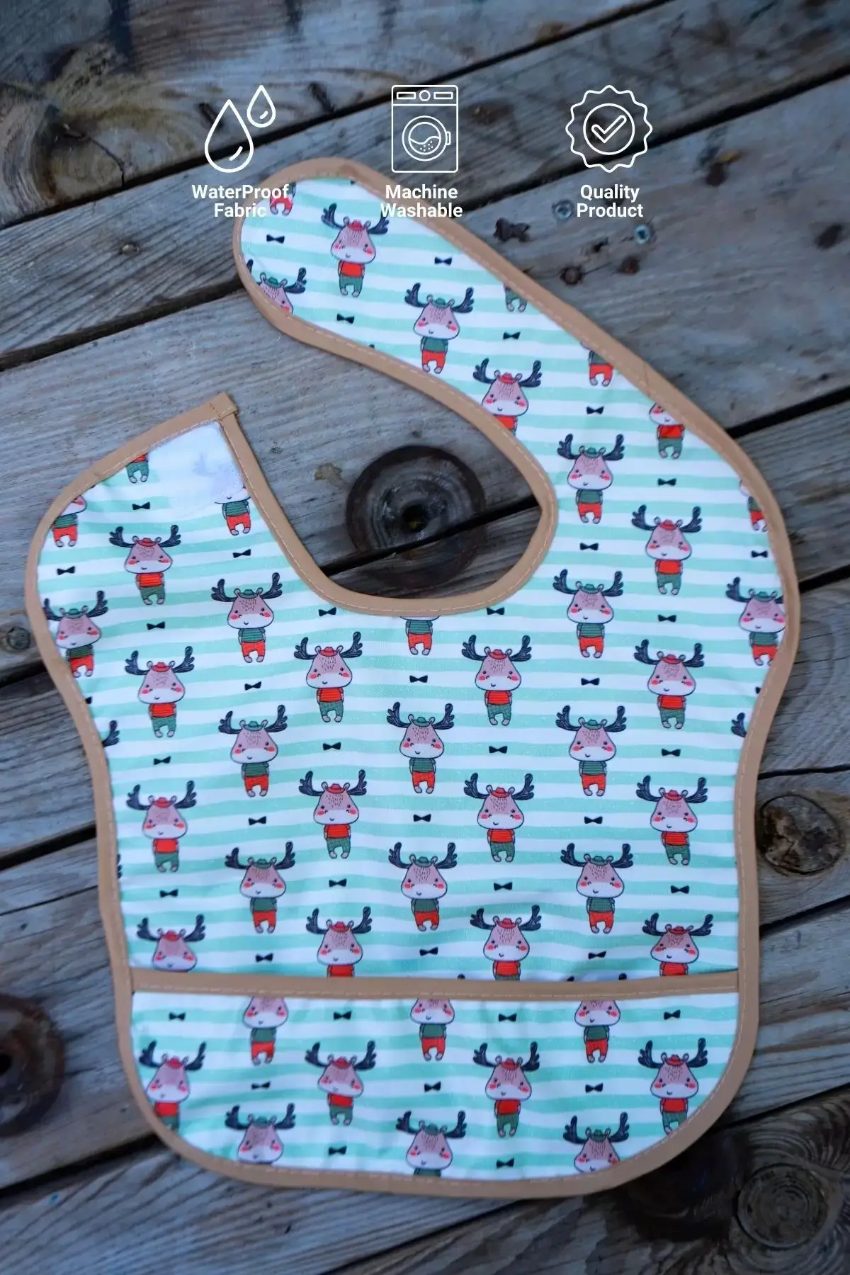 Geyik Desenli 2li Sıvı Geçirmez Kolsuz Bebek Mama Önlüğü 0-12 Ay